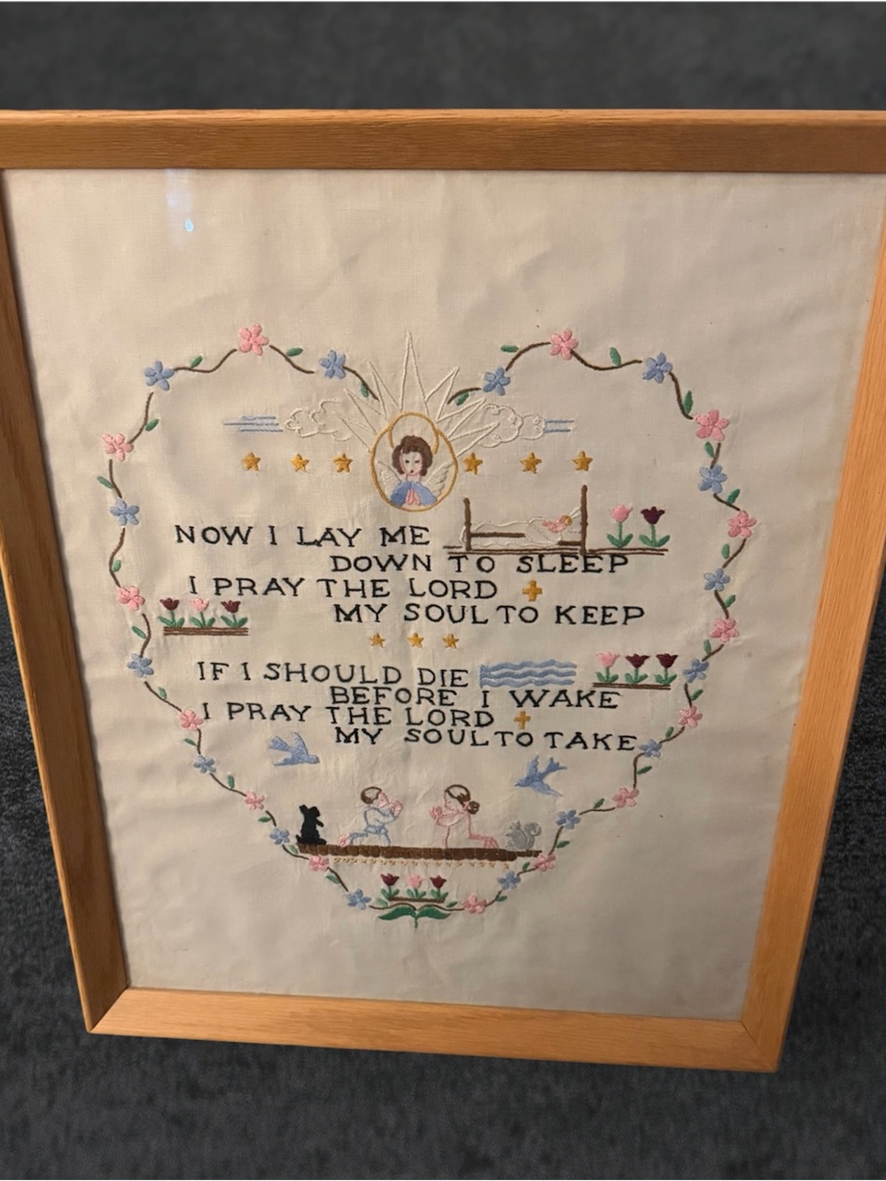 Embroidered Prayer Sampler in Natural Wood Frame